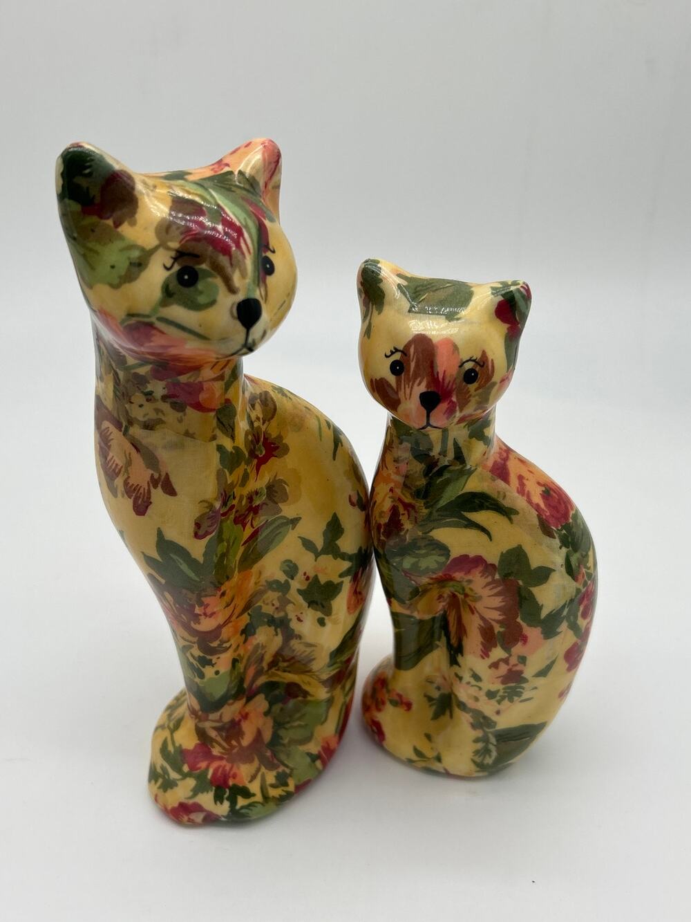 Vintage Floral Cat Figurines Set of 2 Decoupage Cottagecore Decor Whimsical